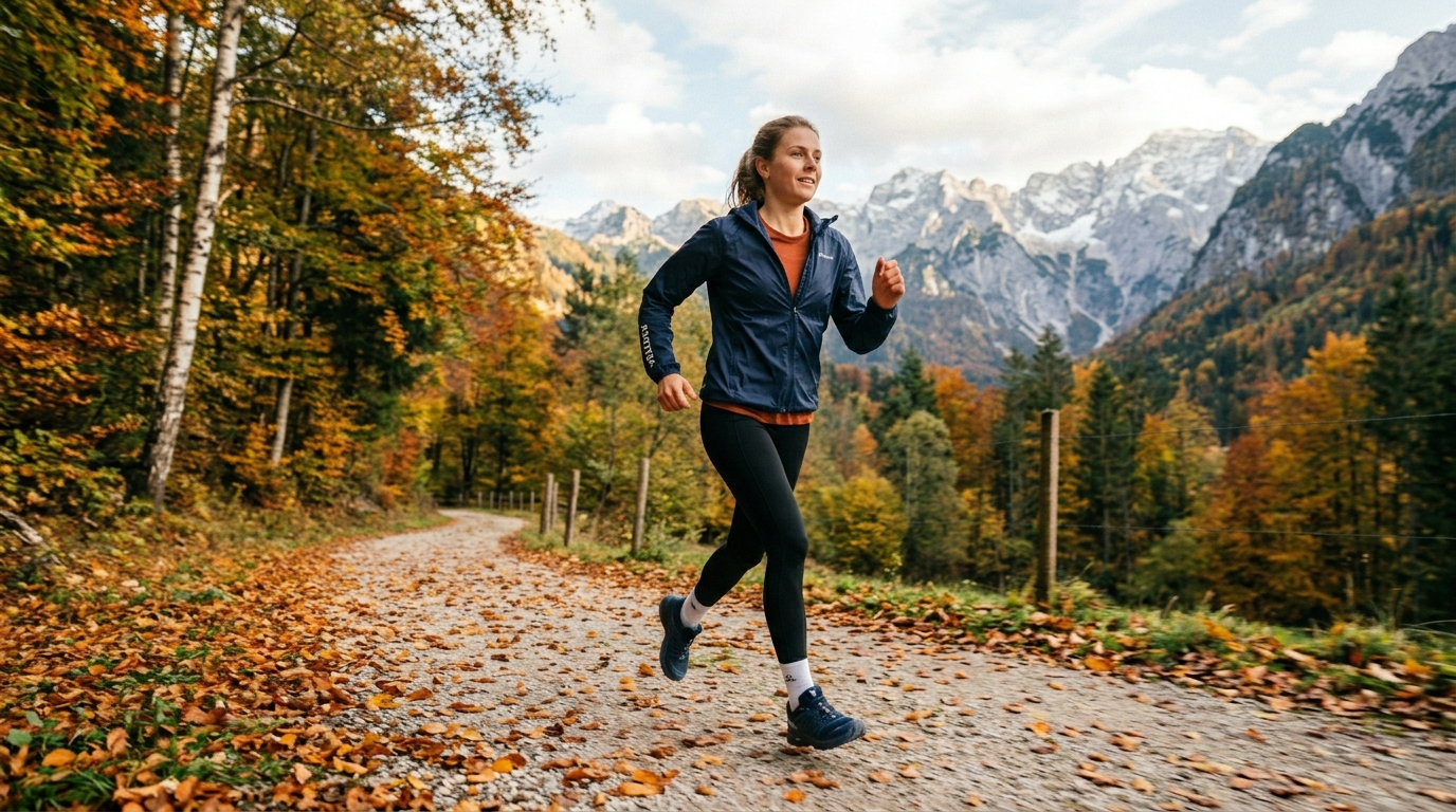 Frau beim Übergang vom Gehen zum Laufen auf einem Herbstweg